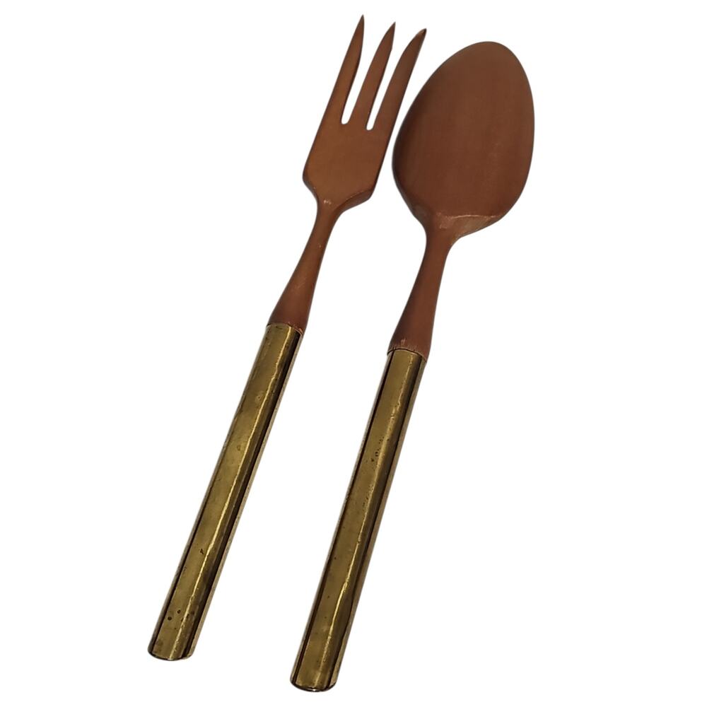 Vintage MCM Nasco Japanese Brown Gold Salad Fork & Spoon Set Wood & Metal 10"